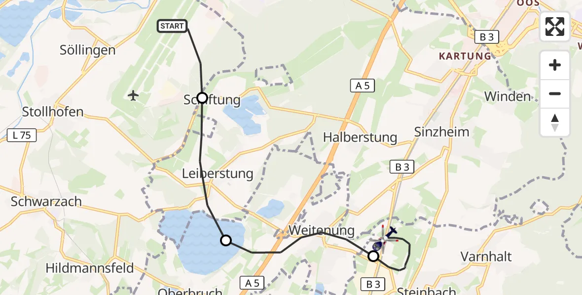Flugroute Polizeihubschrauber Karlsruhe Baden-Baden Flughafen - Baden-Baden, 28 Juli 2026, 15:45
