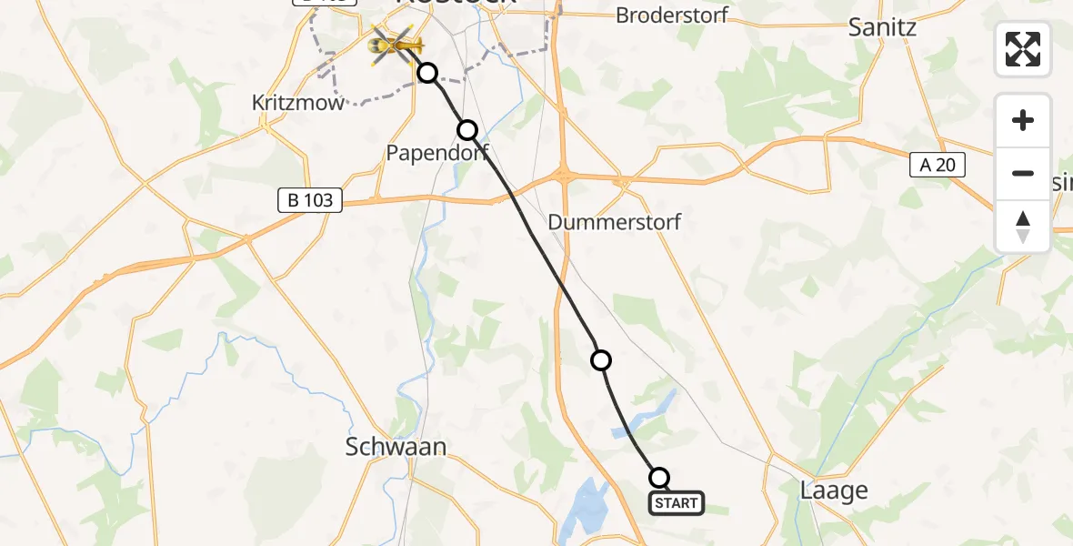 Flugroute Rettungshubschrauber Flughafen Rostock-Laage - Rostock, 28 Juli 2026, 15:45
