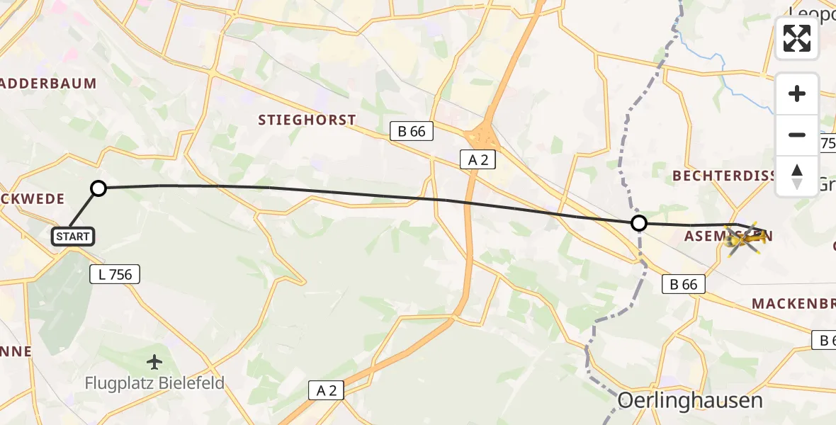 Flugroute Rettungshubschrauber Luftrettungszentrum Bielefeld - Leopoldshöhe, 28 Juli 2026, 15:45