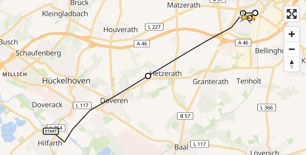 Flugroute Rettungshubschrauber Hückelhoven - Hermann-Josef Hospital Erkelenz, 28 Juli 2026, 15:46