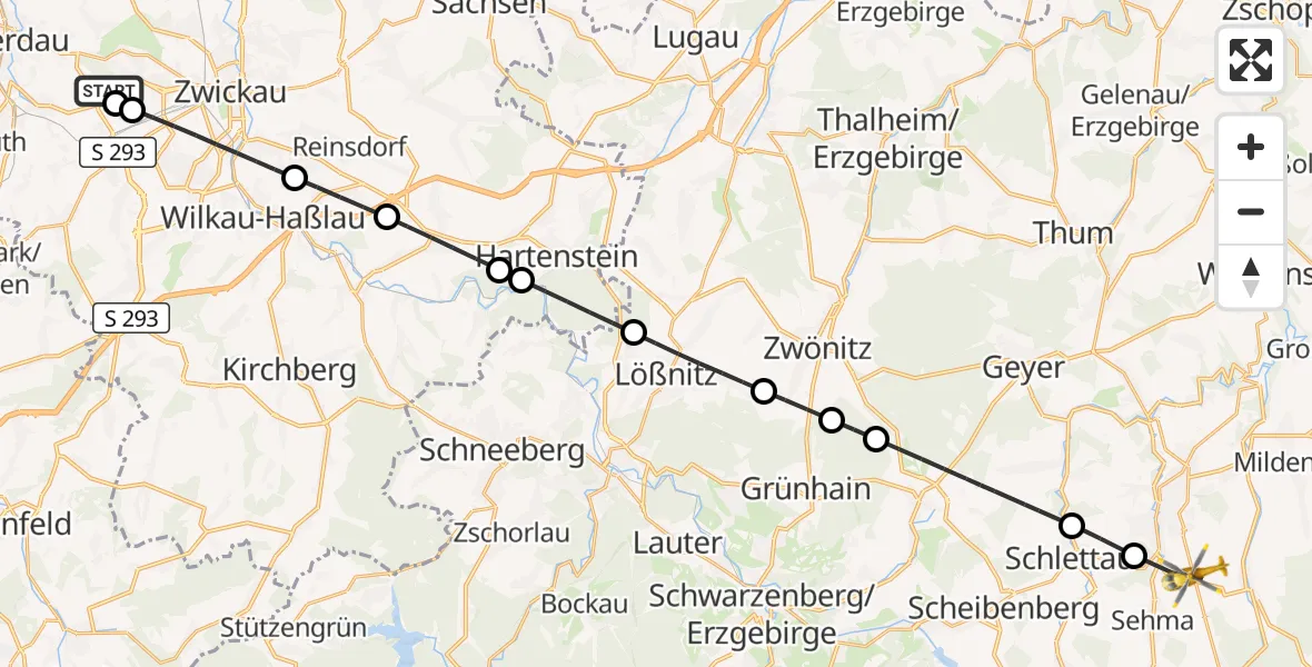 Flugroute Rettungshubschrauber ADAC Air Rescue Station Zwickau Hubschrauberlandeplatz - Annaberg-Buchholz, 28 Juli 2026, 15:48
