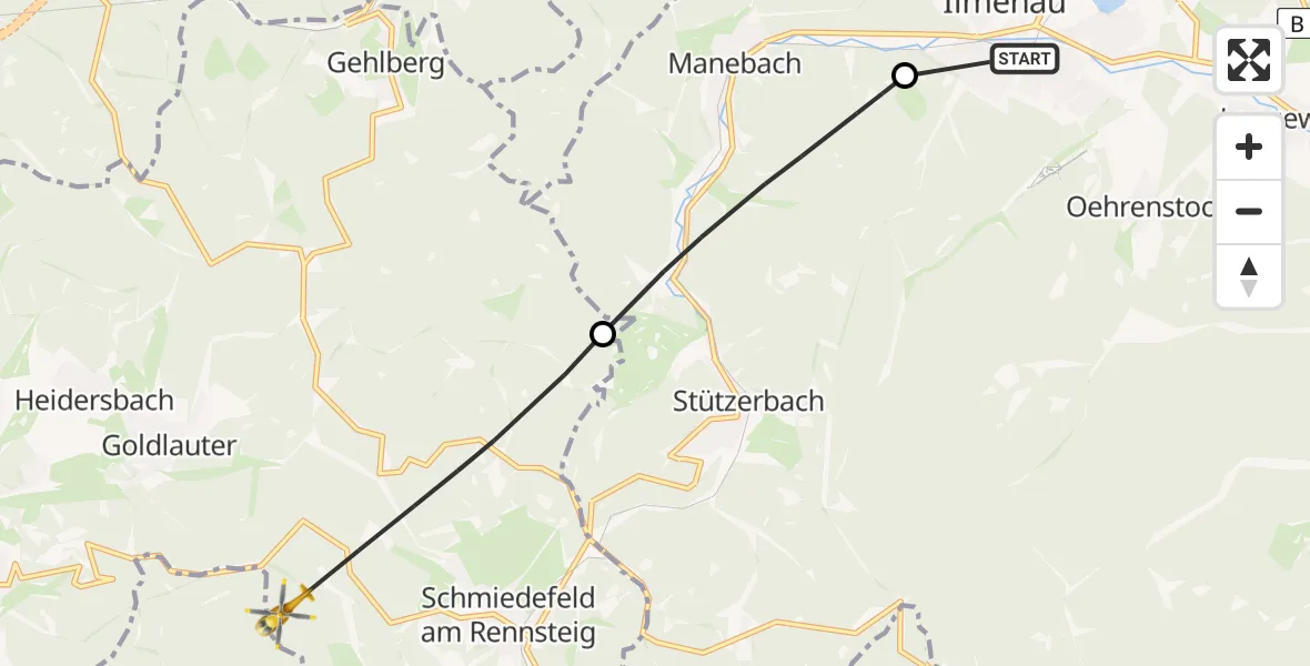 Flugroute Rettungshubschrauber Ilm-Kreis-Kliniken Arnstadt-Ilmenau Hubschrauberlandeplatz - Suhl, 28 Juli 2026, 15:50