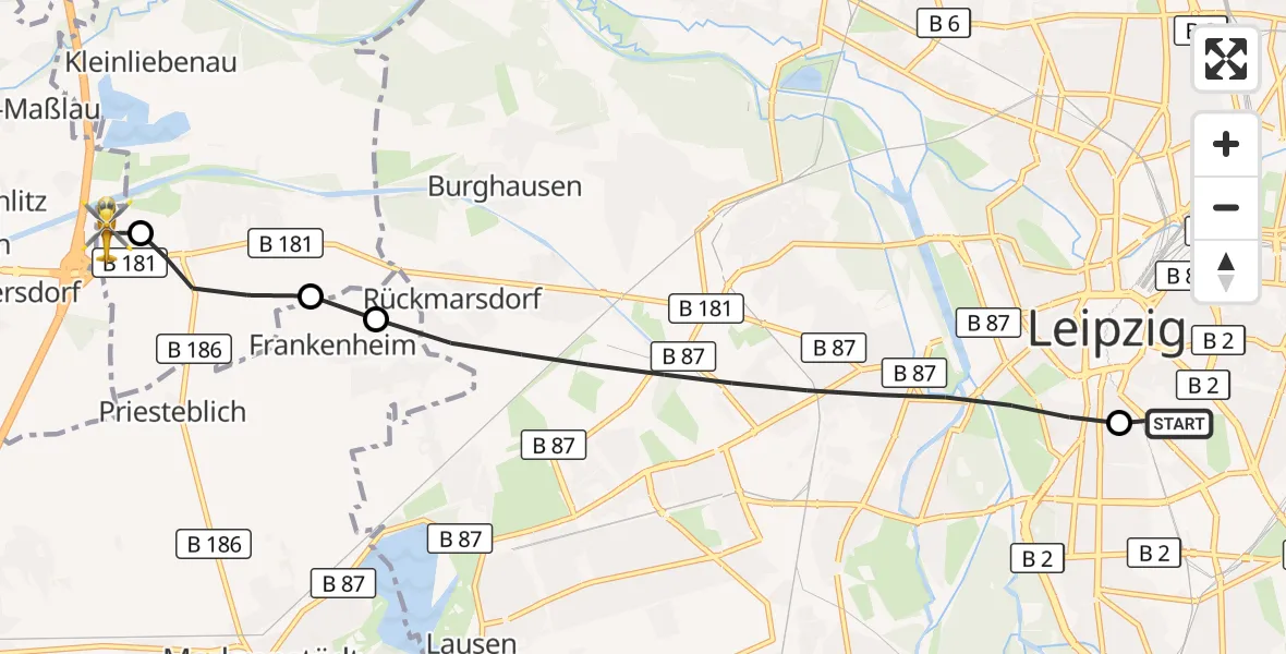 Flugroute Rettungshubschrauber Leipzig University Hospital Heliport 1 - ADAC Air Rescue Station Leipzig/Schkeuditz-Dölzig Hubschrauberlandeplatz (Christoph 61), 28 Juli 2026, 15:50