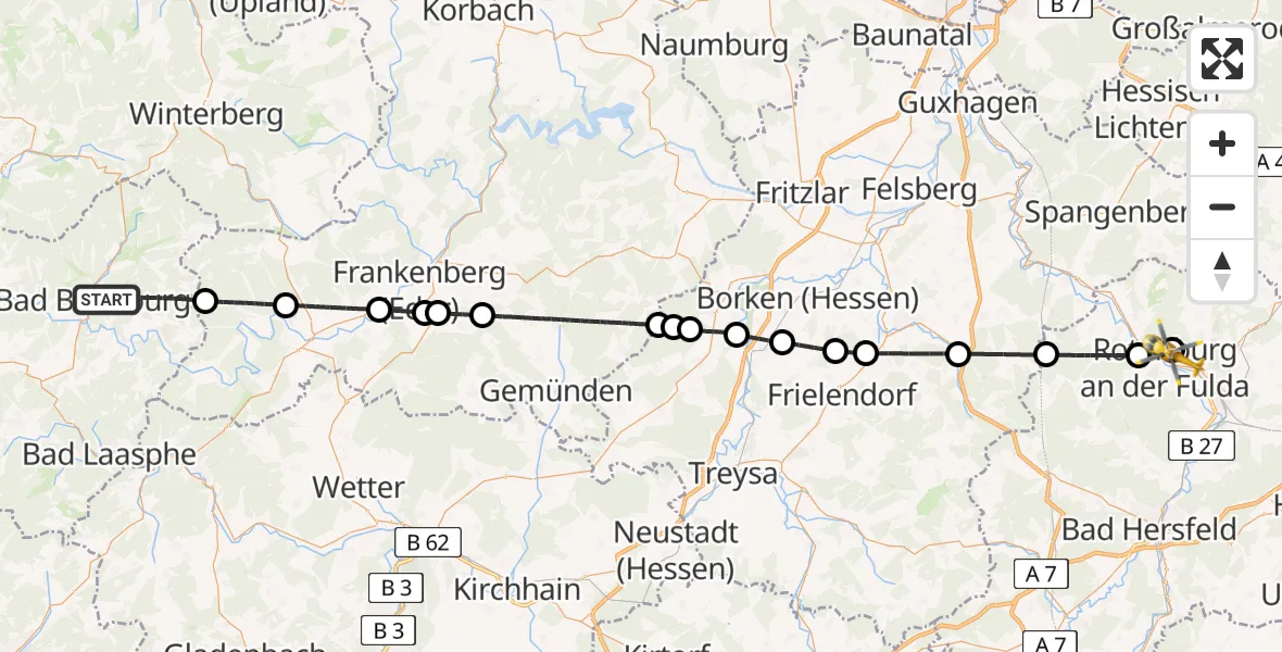 Flugroute Ambulanzhubschrauber Bad Berleburg - Rotenburg an der Fulda Cardiovascular Center Hubschrauberlandeplatz, 28 Juli 2026, 15:51