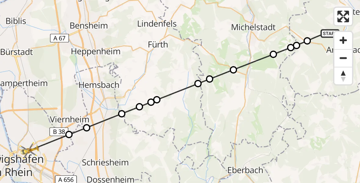 Flugroute Rettungshubschrauber Weilbach - Mannheim, 28 Juli 2026, 15:59