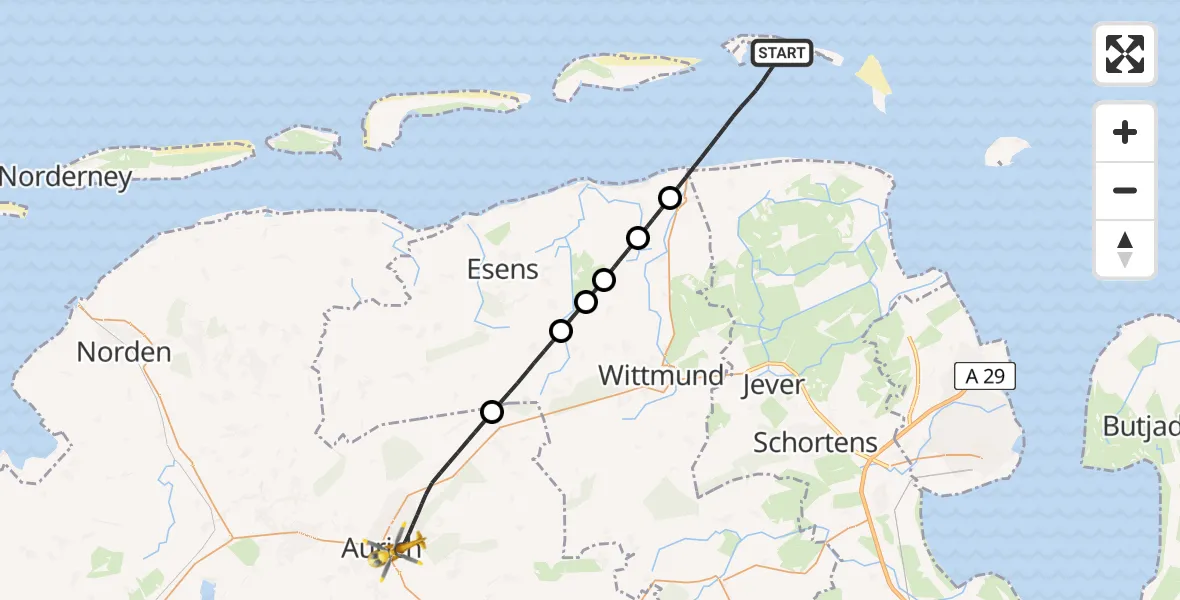 Flugroute Ambulanzhubschrauber Noordzee - Aurich, 28 Juli 2026, 16:00