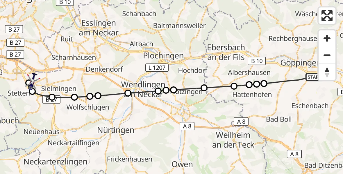 Flugroute Polizeihubschrauber Göppingen - Flughafen Stuttgart, 28 Juli 2026, 16:03