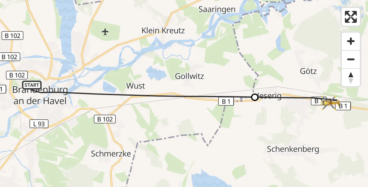 Flugroute Rettungshubschrauber Brandenburg an der Havel - Groß Kreutz (Havel), 28 Juli 2026, 16:05