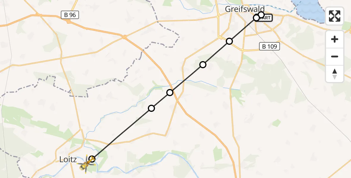 Flugroute Rettungshubschrauber Greifswald Hospital - Loitz, 28 Juli 2026, 16:06