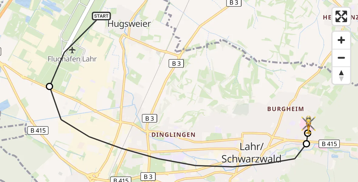 Flugroute Rettungshubschrauber Lahr Flughafen - Ortenau Hospital Lahr-Ettenheim, 28 Juli 2026, 16:08