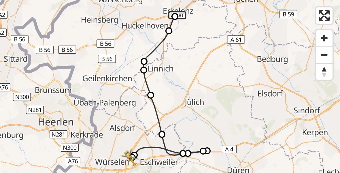 Flugroute Rettungshubschrauber Hermann-Josef Hospital Erkelenz - Aachen-Merzbrück Flughafen, 28 Juli 2026, 16:09