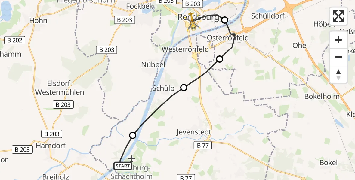 Flugroute Ambulanzhubschrauber Hörsten - Rendsburg, 28 Juli 2026, 16:09
