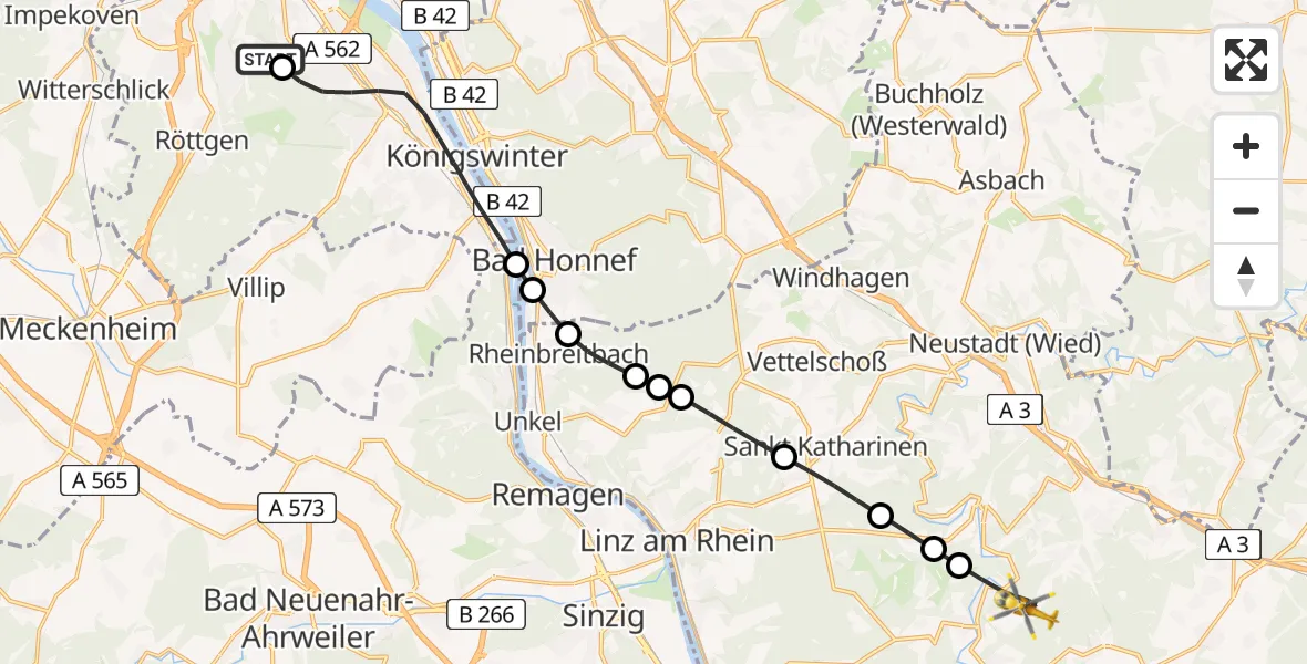 Flugroute Rettungshubschrauber Bonn University Hospital - Waldbreitbach, 28 Juli 2026, 16:10