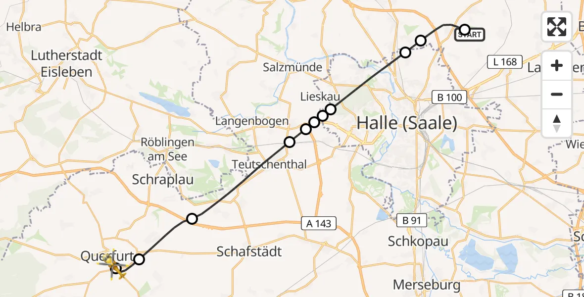 Flugroute Rettungshubschrauber Halle-Oppin Flugplatz - Carl von Basedow Saalekreis Hospital Querfurt, 28 Juli 2026, 16:12