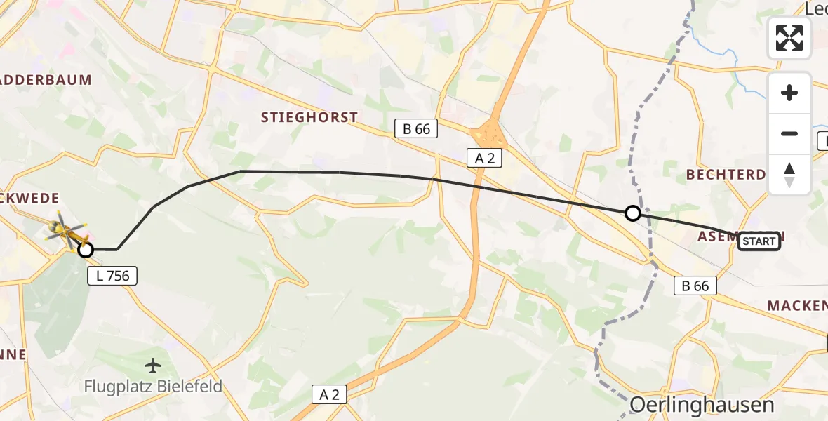 Flugroute Rettungshubschrauber Leopoldshöhe - Luftrettungszentrum Bielefeld, 28 Juli 2026, 16:16