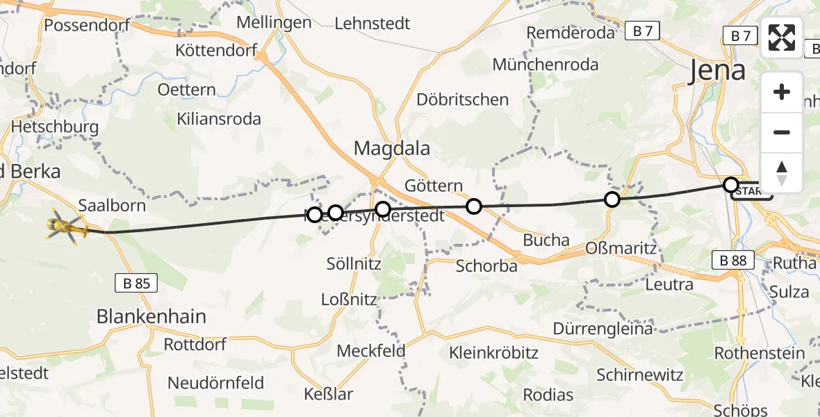 Flugroute Ambulanzhubschrauber Lobeda Hubschrauberlandeplatz - Bad Berka, 28 Juli 2026, 16:18