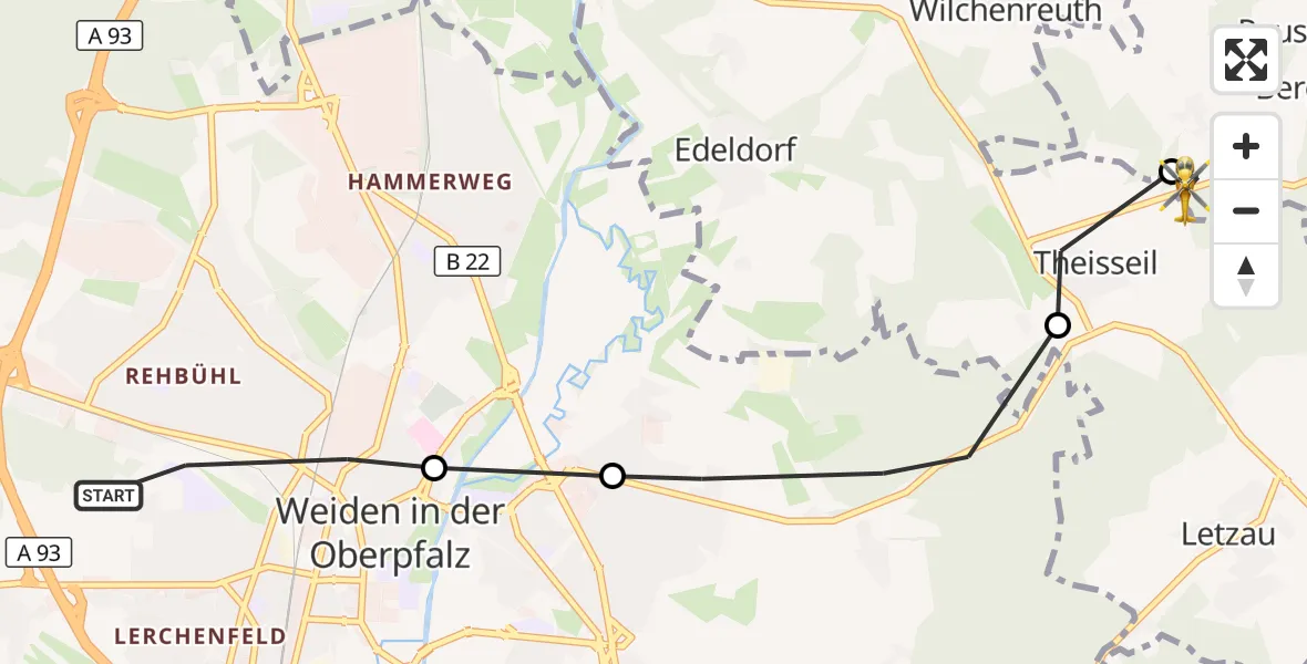 Flugroute Ambulanzhubschrauber Weiden i.d.OPf. - Floß, 28 Juli 2026, 16:19