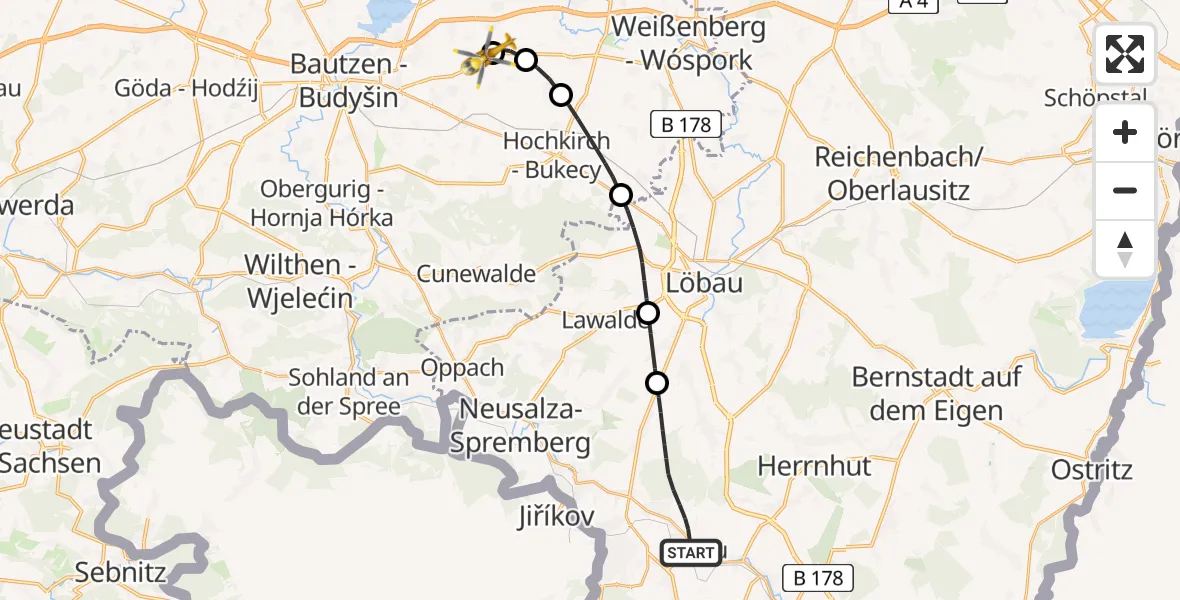 Flugroute Rettungshubschrauber Kottmar - Bautzen Flugplatz, 28 Juli 2026, 16:24