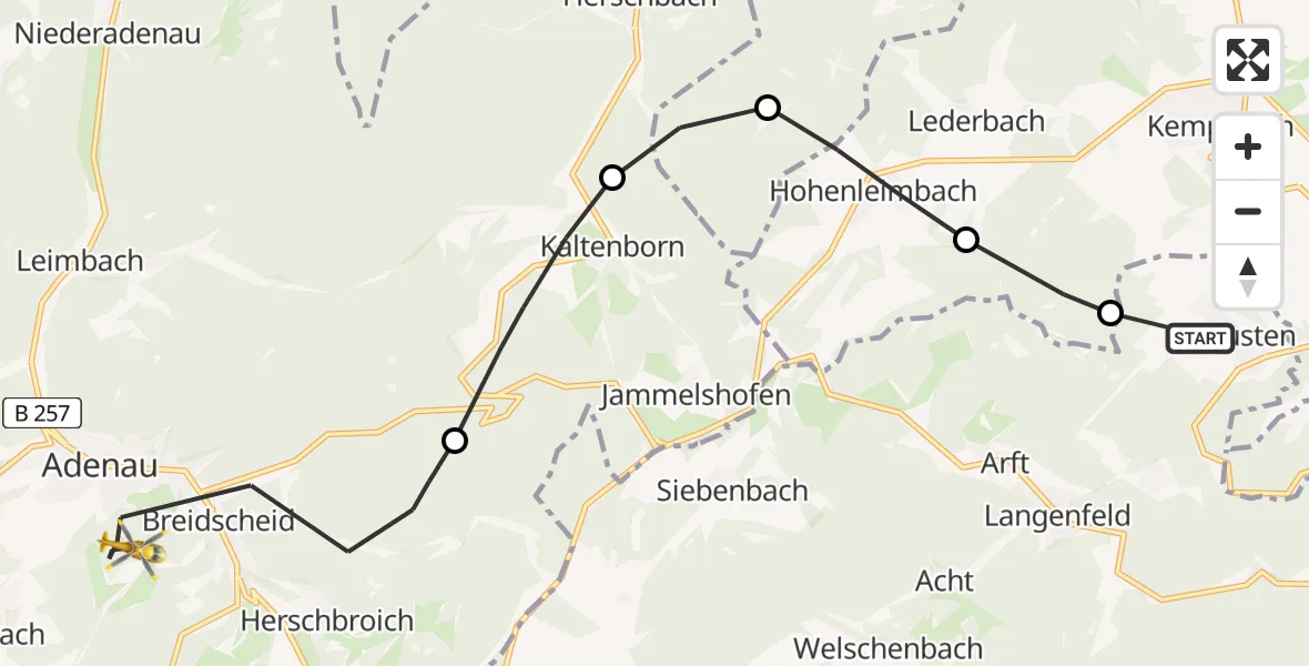 Flugroute Rettungshubschrauber Hausten - Adenau, 28 Juli 2026, 16:27