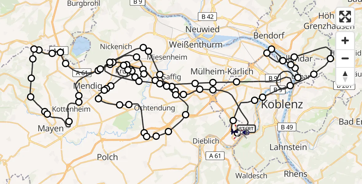 Flugroute Polizeihubschrauber Koblenz - Koblenz-Winningen Flugplatz, 28 Juli 2026, 16:28