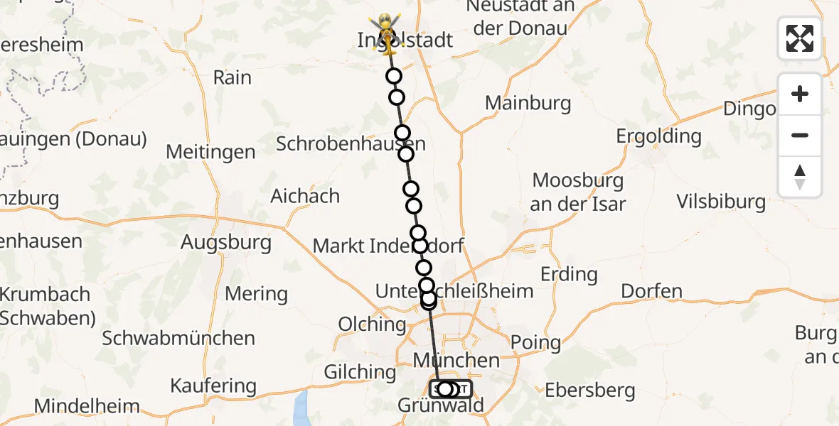 Flugroute Rettungshubschrauber ADAC Air Rescue Center Hubschrauberlandeplatz (Christoph 1) - Ingolstadt Hospital, 28 Juli 2026, 16:29