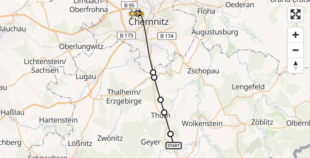 Flugroute Rettungshubschrauber Thermalbad Wiesenbad - Flemmingstraße Hospital Rooftop, 28 Juli 2026, 16:29