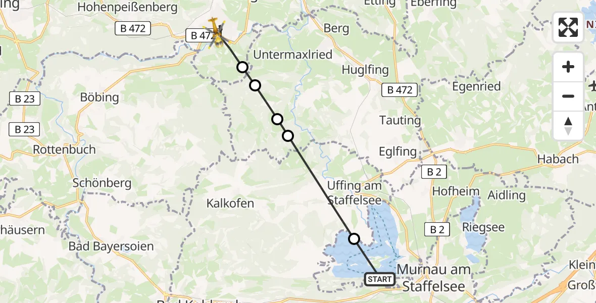 Flugroute Rettungshubschrauber Seehausen a.Staffelsee - Peißenberg, 28 Juli 2026, 16:30