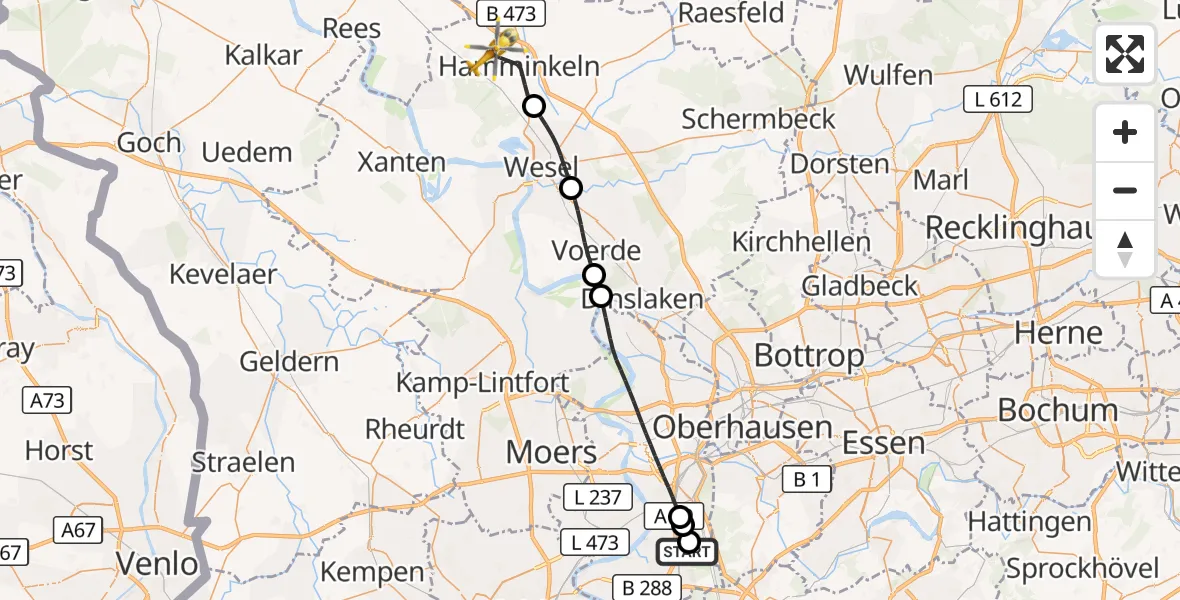 Flugroute Rettungshubschrauber Duisburg Air Rescue Hubschrauberlandeplatz (Christoph 9) - Hamminkeln, 28 Juli 2026, 16:30