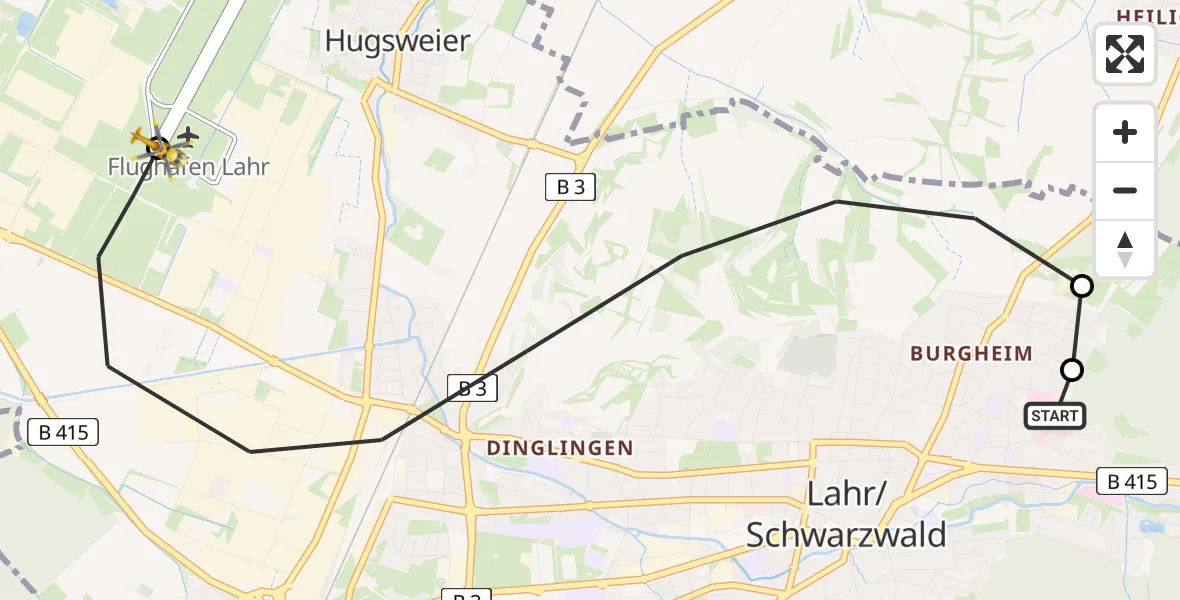 Flugroute Rettungshubschrauber Ortenau Hospital Lahr-Ettenheim - Lahr Flughafen, 28 Juli 2026, 16:31