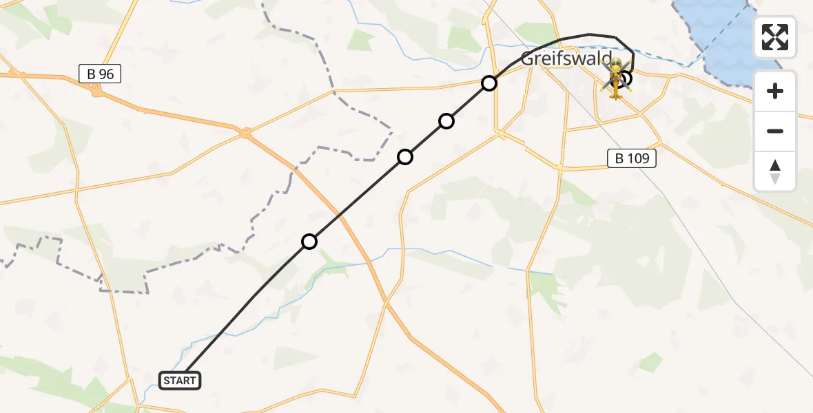 Flugroute Rettungshubschrauber Sassen-Trantow - Greifswald Hospital, 28 Juli 2026, 16:31