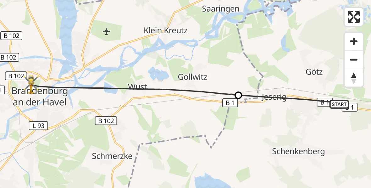 Flugroute Rettungshubschrauber Groß Kreutz (Havel) - Brandenburg an der Havel, 28 Juli 2026, 16:35