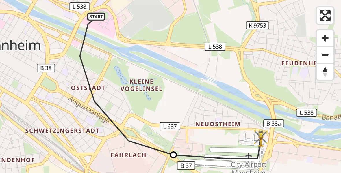 Flugroute Rettungshubschrauber Mannheim - Mannheim-City Flughafen, 28 Juli 2026, 16:35