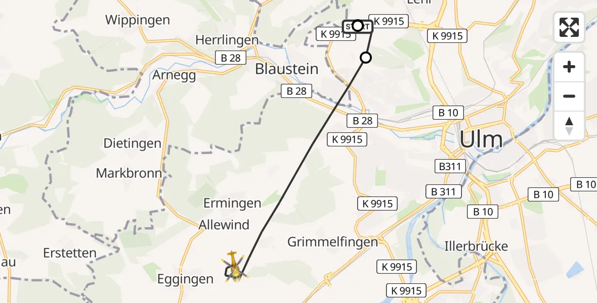 Flugroute Rettungshubschrauber Ulm Military Hospital Emergency - Ulm, 28 Juli 2026, 16:36