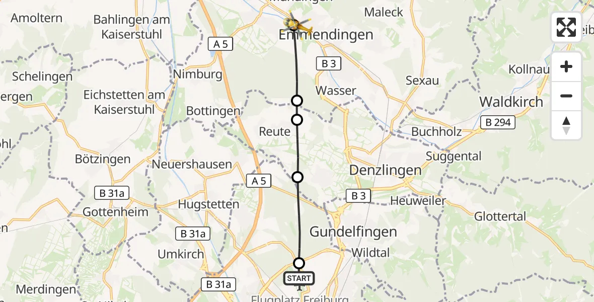 Flugroute Ambulanzhubschrauber Freiburg im Breisgau Flugplatz - Emmendingen, 28 Juli 2026, 16:37