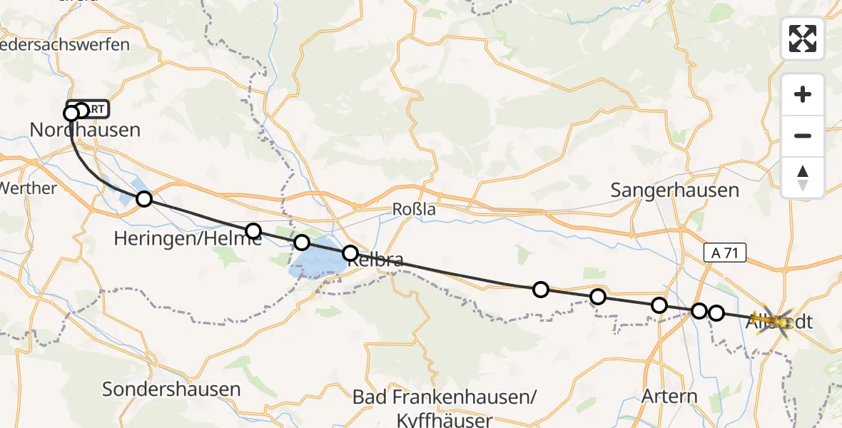 Flugroute Rettungshubschrauber Südharz Hospital Nordhausen - Allstedt, 28 Juli 2026, 16:41