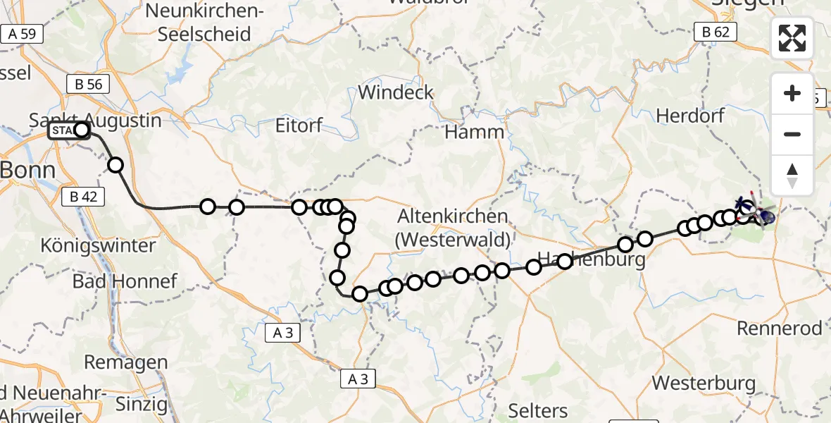 Flugroute Polizeihubschrauber Bonn-Hangelar Flugplatz - Emmerzhausen, 28 Juli 2026, 16:43