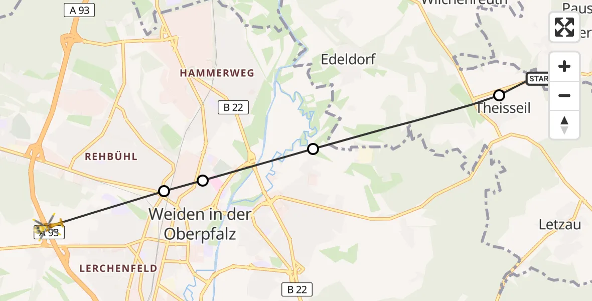 Flugroute Ambulanzhubschrauber Floß - Weiden i.d.OPf., 28 Juli 2026, 16:45