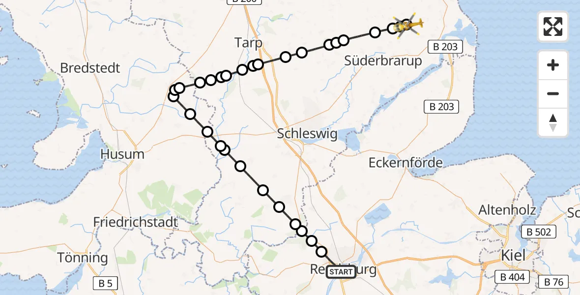 Flugroute Ambulanzhubschrauber Rendsburg - Stoltebüll, 28 Juli 2026, 16:45