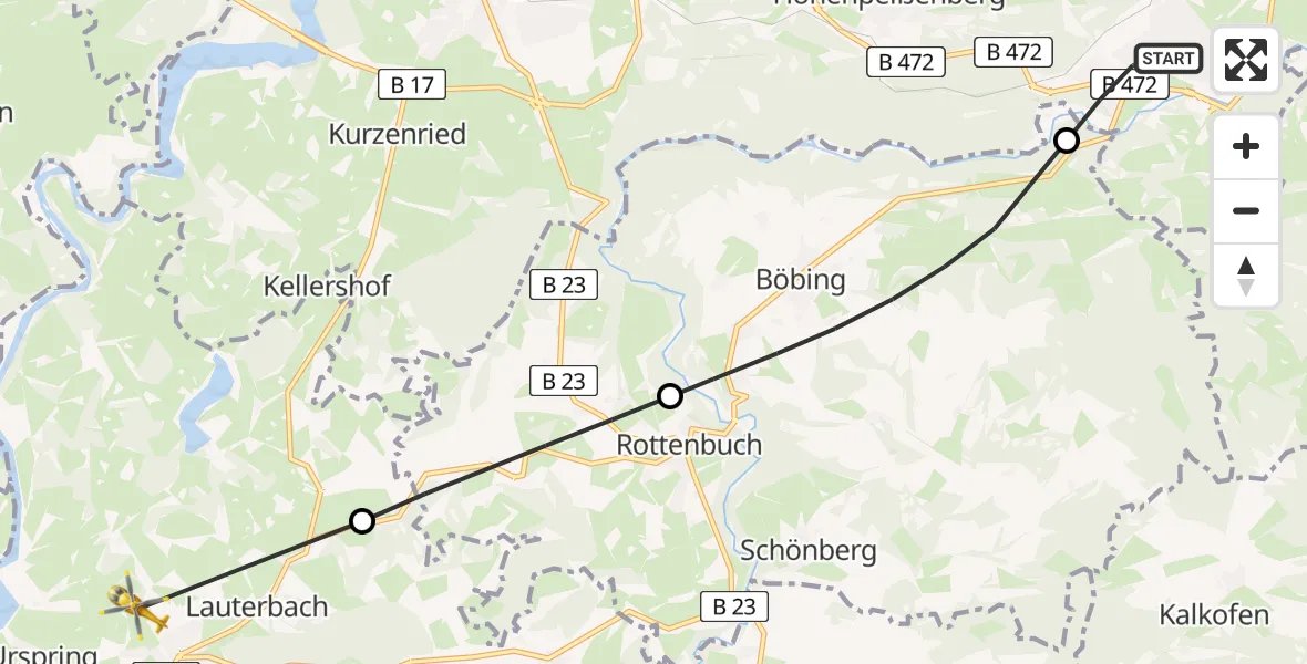 Flugroute Rettungshubschrauber Peißenberg - Steingaden, 28 Juli 2026, 16:48