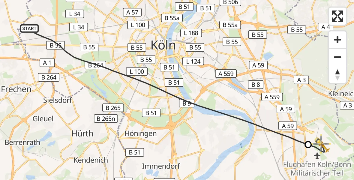 Flugroute Rettungshubschrauber Köln - Köln Bonn Flughafen, 28 Juli 2026, 16:49
