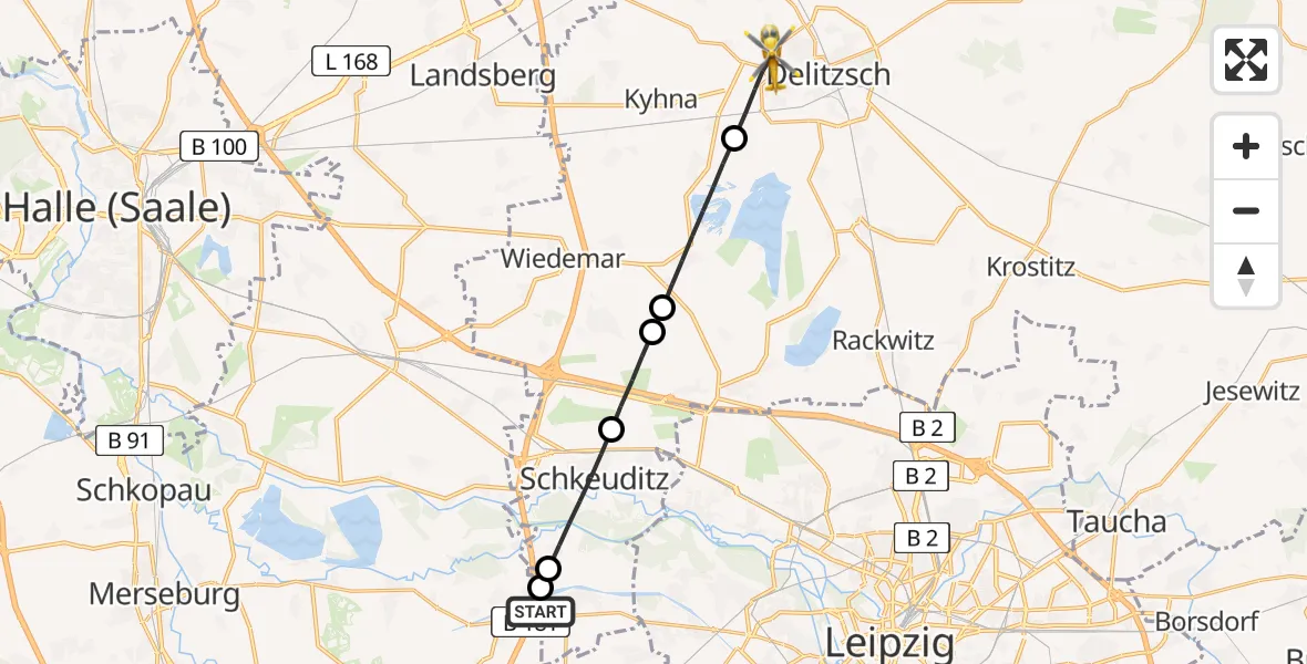 Flugroute Rettungshubschrauber ADAC Air Rescue Station Leipzig/Schkeuditz-Dölzig Hubschrauberlandeplatz (Christoph 61) - Delitzsch, 28 Juli 2026, 16:50