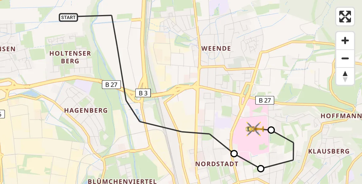 Flugroute Rettungshubschrauber Göttingen - Göttingen University Clinic Hubschrauberlandeplatz, 28 Juli 2026, 16:52
