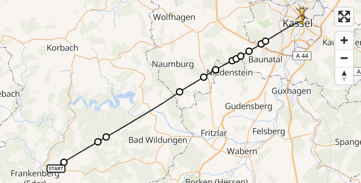 Flugroute Rettungshubschrauber Frankenberg (Eder) - Kassel, 28 Juli 2026, 16:54