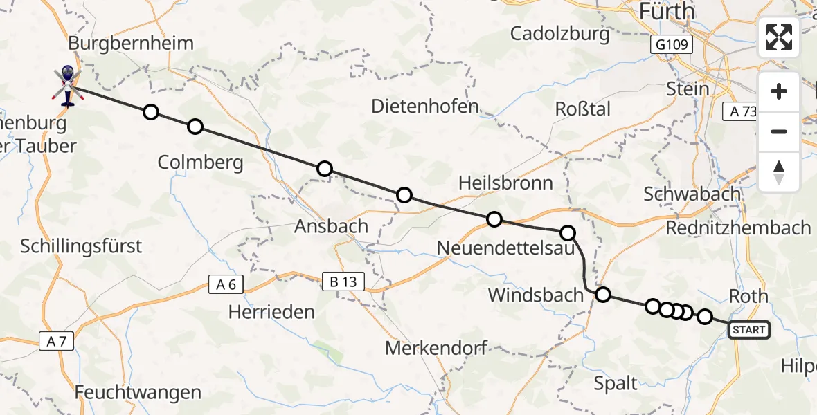 Flugroute Polizeihubschrauber Roth - Windelsbach, 28 Juli 2026, 16:59