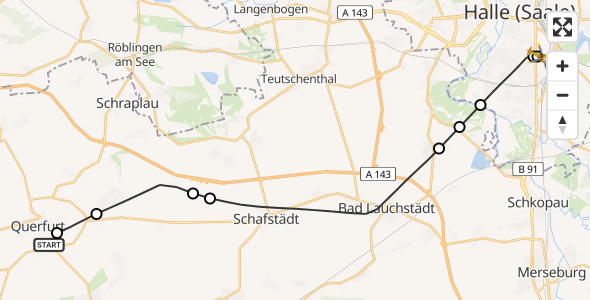 Flugroute Rettungshubschrauber Carl von Basedow Saalekreis Hospital Querfurt - BG Hospital Bergmannstrost Halle, 28 Juli 2026, 16:59