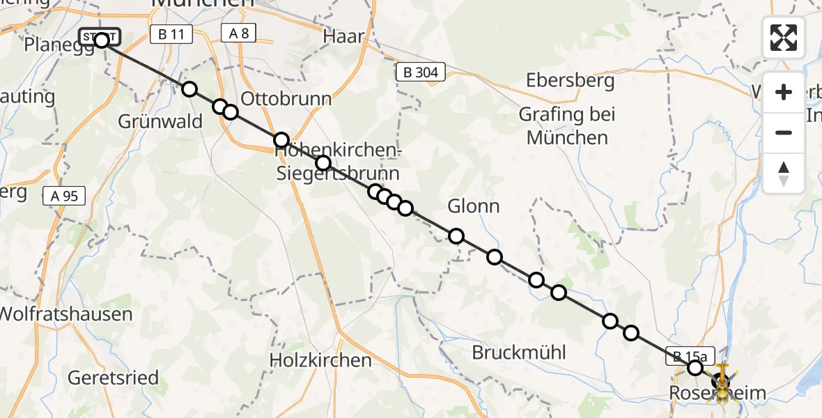 Flugroute Rettungshubschrauber DRF Air Rescue München Hubschrauberlandeplatz - RoMed Hospital Rosenheim, 28 Juli 2026, 17:01