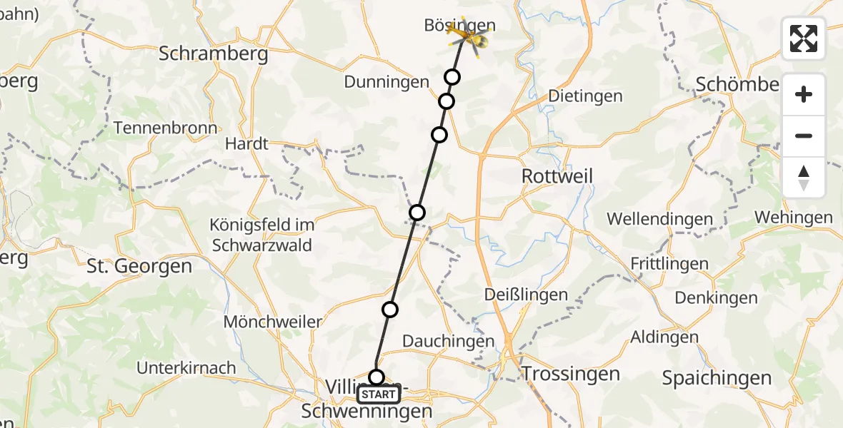 Flugroute Ambulanzhubschrauber DRF Air Rescue Station Villingen-Schwenningen Hubschrauberlandeplatz (Christoph 11) - Bösingen, 28 Juli 2026, 17:04