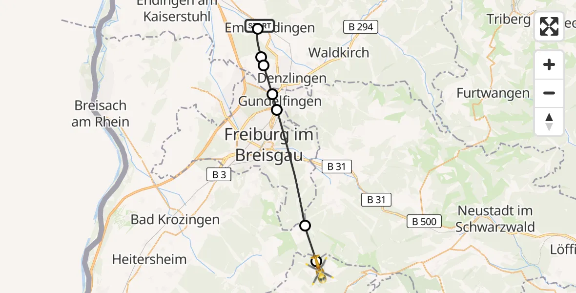 Flugroute Ambulanzhubschrauber Emmendingen - Todtnau, 28 Juli 2026, 17:06