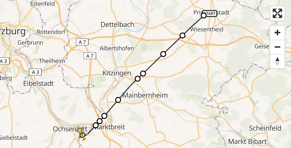 Flugroute Rettungshubschrauber Prichsenstadt - Ochsenfurt Hospital, 28 Juli 2026, 17:08