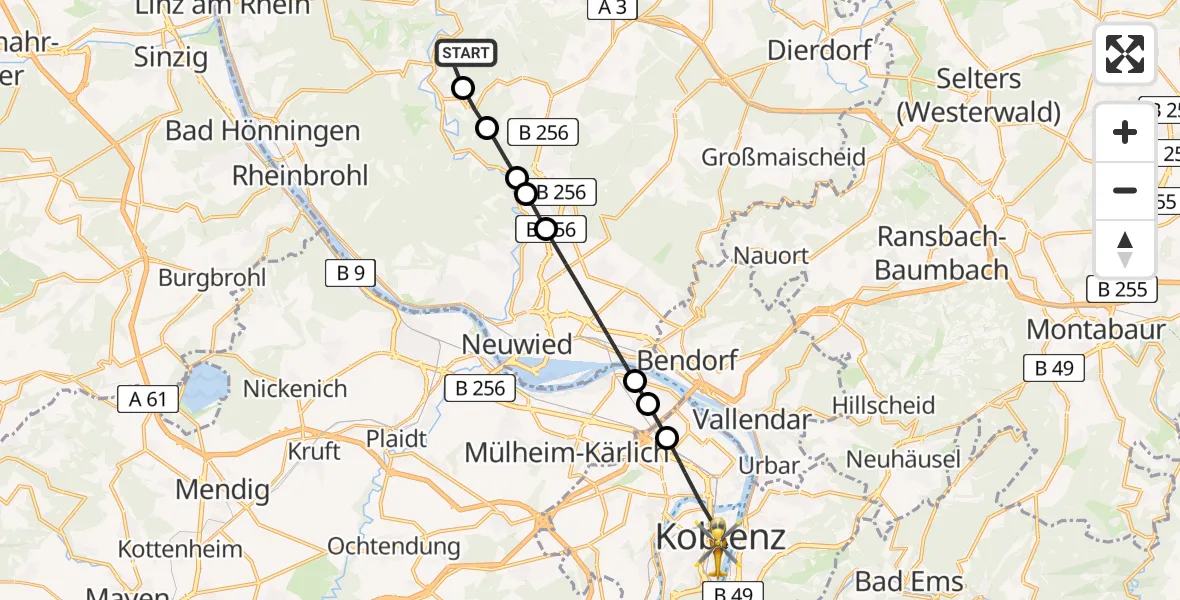 Flugroute Rettungshubschrauber Waldbreitbach - Koblenz, 28 Juli 2026, 17:11